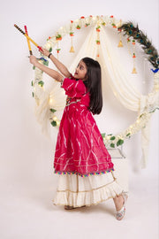 Indian Lehenga Choli Set with Pink Bandhani Printed Top and Cream Flared Lehenga Skirt
