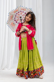 Traditional Indian Lehenga Choli Set with Green Flared Lehenga Skirt, Pink Printed Jacket Top