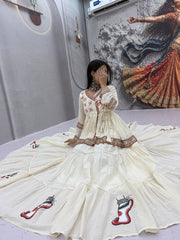 Women’s White Traditional Indian lengha choli with Embroidered Border and Printed Ethnic Motifs