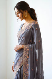 Women’s Blue Embroidered Saree with Floral Border, Elegant Traditional Indian Saree