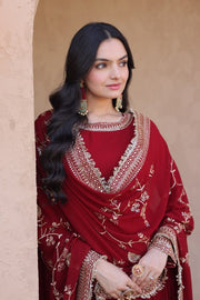 Women’s Red Embroidered Anarkali Suit with Dupatta, Floor Length Indian Ethnic Dress Set