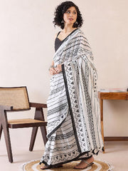 Women’s Ready to Wear Mul Cotton Saree with Pocket, White and Black