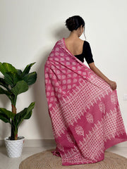 Women’s Ready to Wear Mul Cotton Saree with Pocket, Pink Printed Stitched Saree