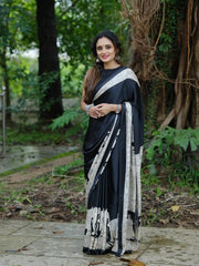 Women’s Ready to Wear Crape Silk Saree, Black Printed Stitched Saree