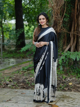 Women’s Ready to Wear Crape Silk Saree, Black Printed Stitched Saree