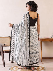 Women’s Ready to Wear Mul Cotton Saree with Pocket, White and Black