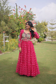 Women’s Bandhani Print Faux Georgette Gown with Kutchi Patchwork