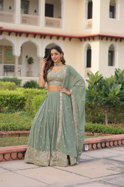 Women’s Sage Green Embroidered Lehenga Choli Set with Dupatta