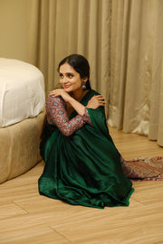 Women’s Ready to Wear Crape Silk Saree, Elegant Dark Green Printed Stitched Saree
