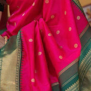 Women Pink and Green Silk Saree with Golden Zari Butti and Contrast Woven Border
