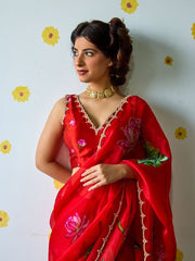 Women’s Red Floral Printed Saree with Embroidered Border