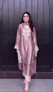 Women’s Mauve Embroidered Silk Kurta Pant Set with Dupatta
