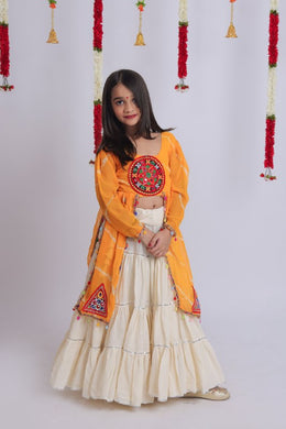 Women Girls Traditional Indian Lehenga Choli Set with Orange Embroidered Long Kurti