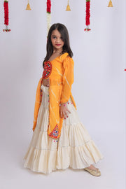 Women Girls Traditional Indian Lehenga Choli Set with Orange Embroidered Long Kurti