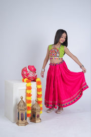 Girls Traditional Indian Lehenga Choli Set with Pink Flared Skirt and Green Embroidered Blouse