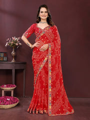 Saree for Women with Digital Print, Embroidery Work Border and Heavy Embroidered Blouse