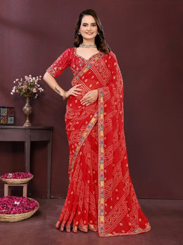 Saree for Women with Digital Print, Embroidery Work Border and Heavy Embroidered Blouse