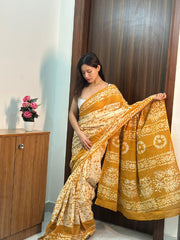 Women’s Mustard Yellow Mul Cotton Saree with White Printed Design, Ready-to-Wear