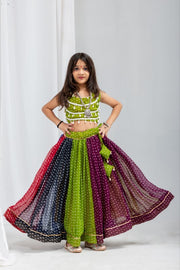 Girls Traditional Bandhani Printed Lehenga Choli Set with Dupatta, Multicolor Indian Ethnic Wear