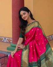 Women Pink and Green Silk Saree with Golden Zari Butti and Contrast Woven Border
