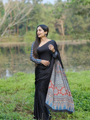 Women’s Ready to Wear Crape Silk Saree, Black and Blue Printed Stitched Saree