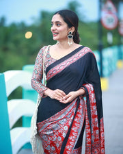 Ready to Wear Crape Silk Saree, Printed Stitched Saree with Decorative Border