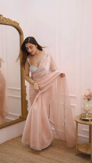 Women’s Soft Pink Chiffon Saree with Silver Embroidered Border for Wedding, Party & Festive Wear