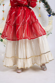 Indian Lehenga Choli Set with Red Bandhani Printed Top and Cream Flared Lehenga Skirt