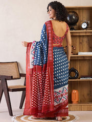 Women’s Ready to Wear Mul Cotton Saree with Pocket, Blue and Red Printed