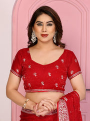 Red Saree for Women with Embroidered Border and Floral Motif Work