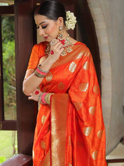 Indian Orange Red Silk Saree for Women with Golden Zari Butti and Rich Woven Border