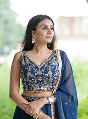 Women’s Navy Blue Embroidered Lehenga Choli Set with Dupatta