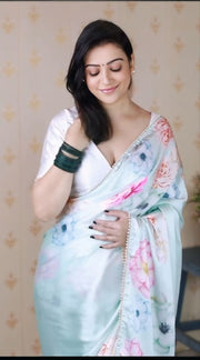 Women’s Pastel Floral Printed Saree with Elegant Border for Wedding, Party & Festive Wear