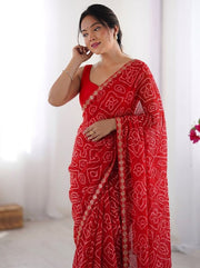Bandhani Print Saree for Women with White Traditional Pattern and Piping Border