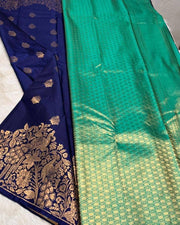 Navy Blue and Teal Green Soft Silk Saree for Women