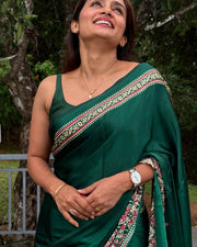 Women’s Ready to Wear Crape Silk Saree, Black Printed Stitched Saree with Red Floral