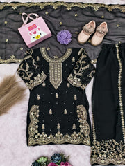 Girls Purple Embroidered Kurta Palazzo Set with Dupatta