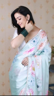 Women’s Pastel Floral Printed Saree with Elegant Border for Wedding, Party & Festive Wear