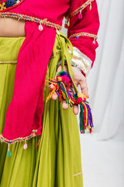 Traditional Indian Lehenga Choli Set with Green Flared Lehenga Skirt, Pink Printed Jacket Top