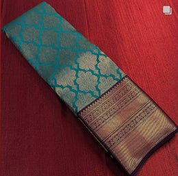 Teal Blue Lichi Silk Saree for Women with Floral Jacquard Work and Rich Woven Border