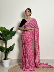 Women’s Ready to Wear Mul Cotton Saree with Pocket, Pink Printed Stitched Saree
