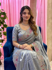 Ivory Tissue Silk Saree – Heavy Embroidered Indian Wedding & Party Wear Saree