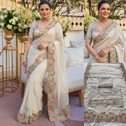 Rust Orange and Off White Embroidered Designer Saree – Indian Wedding Guest & Party Wear Saree