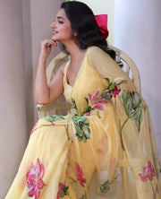 Women’s Ready to Wear Organza Saree, Yellow Floral Printed Stitched Saree