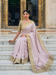 Pastel Pink Kanjivaram Silk Saree – Gold Zari Embroidered Wedding & Bridal Saree
