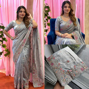 Ivory Tissue Silk Saree – Heavy Embroidered Indian Wedding & Party Wear Saree