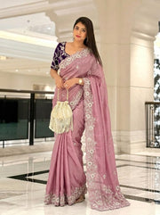 Women’s Dusty Pink Saree with Floral Embroidery Work Border and Embroidered Butta