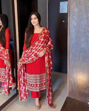 Women’s Red Embroidered Kurta Set with Printed Dupatta