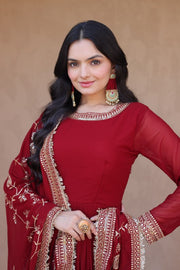Women’s Red Embroidered Anarkali Suit with Dupatta, Floor Length Indian Ethnic Dress Set