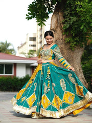 Women’s Teal Blue & Yellow Embroidered Lehenga Choli Set with Dupatta